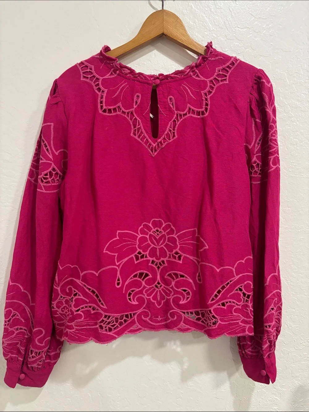 Anthropologie Women's Embroidered Long Sleeve Top - Fuchsia Pink